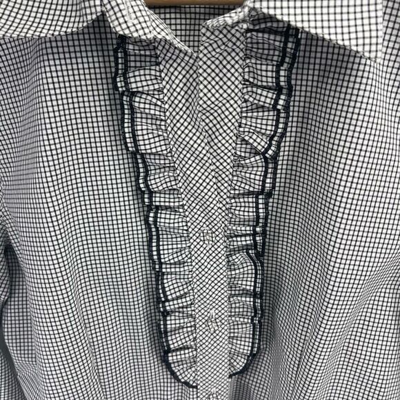 Foxcroft Wrinkle Free checkered Fitted Plaid Button Down Ruffle Blouse Size 10 - Picture 7 of 11